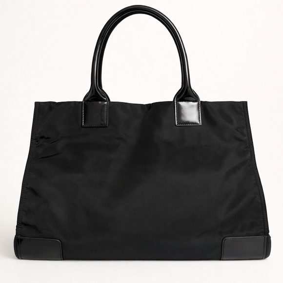 Tory Burch Large Ella Tote Black Nylon Patent Logo Shoulder Bag - Picture 2 of 8